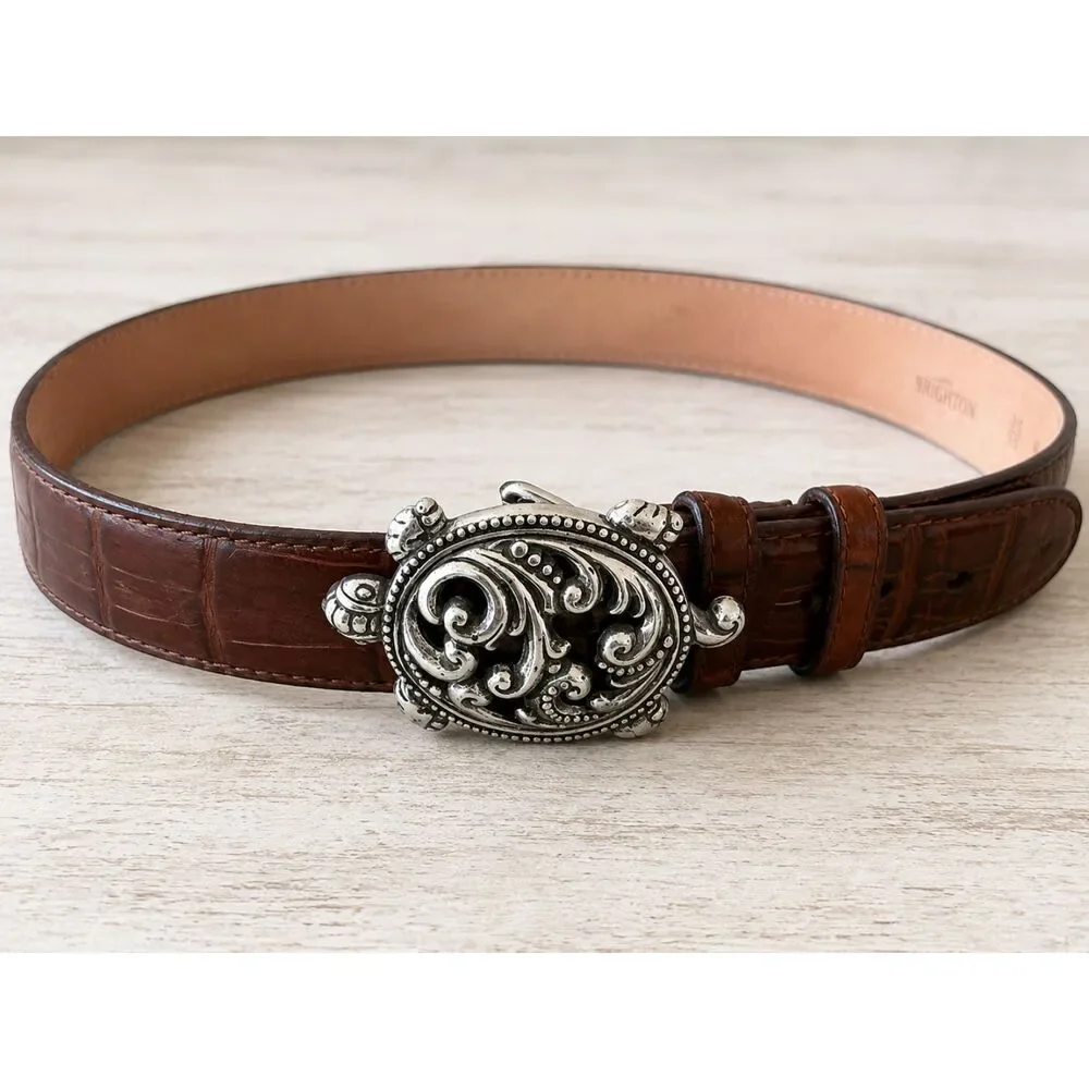 Brighton B3707 Brown Leather Belt Silver Turtle Buckle Statement